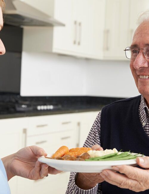 Carer Serving Lunch To Senior Man